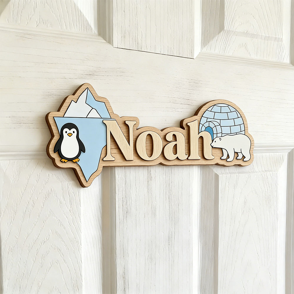 Baby Nursery Name Sign - Arctic Penguin & Polar Bear Custom