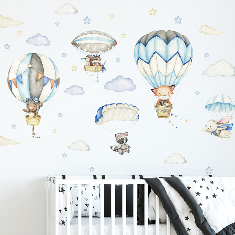 Baby Nursery Home - Cartoon Cute Animals Hot Air Balloon