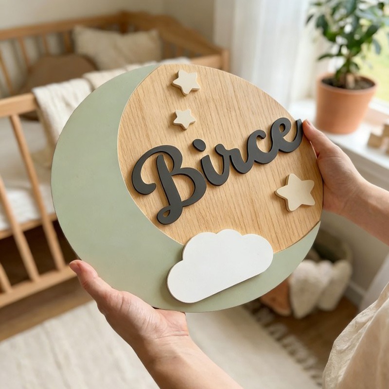 Baby Nursery Name Sign - Custom Wooden Name Sign, 3D Cloud