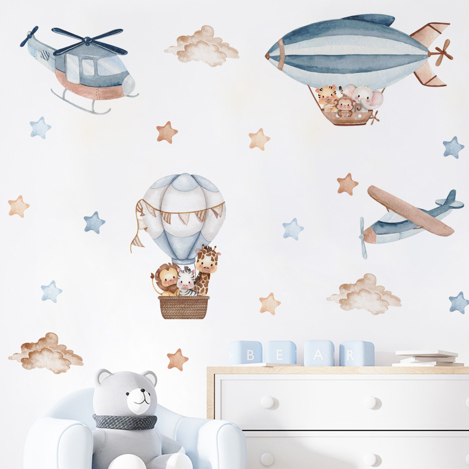 Baby Nursery Set Furniture - Watercolor Animals Hot Air Balloon Clouds