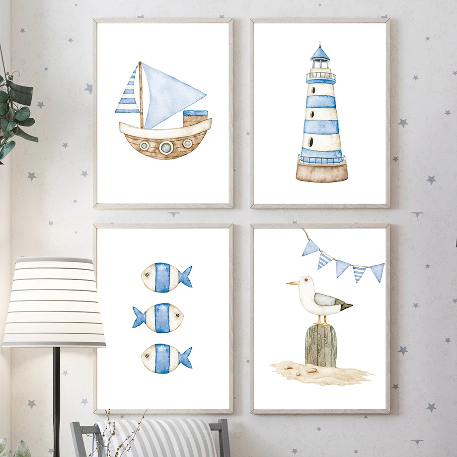 Sailboat Lighthouse Fish Nauti - Baby Nursery Home recension och pris